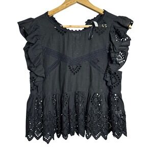 Black Eyelet Ruffle Flutter Sleeve Peplum Top Women's M